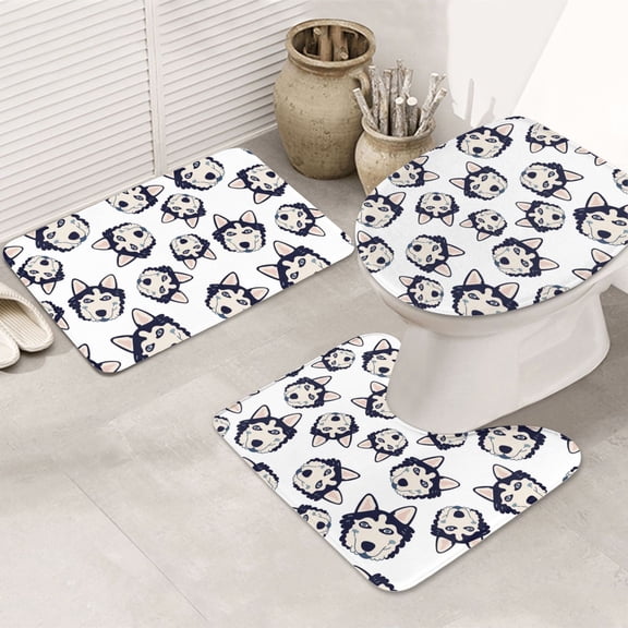 Bathroom Rugs Sets 3 Piece - Cartoon Cute Husky Dog Absorbent Non Slip Bath Mats, U-Shape Toilet Lid Cover, Contour Mat, Soft Washable Shower Mats Bath Rug Mat for Bathroom Tub Toilet