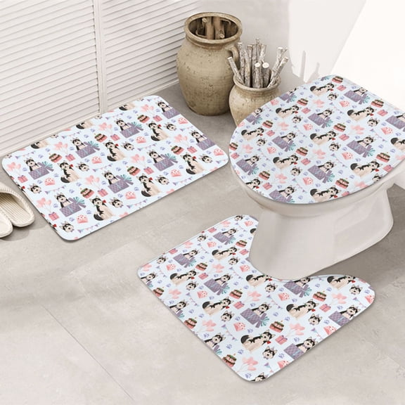 Bathroom Rugs Sets 3 Piece - Cartoon Cute Husky Dog Gift Absorbent Non Slip Bath Mats, U-Shape Toilet Lid Cover, Contour Mat, Soft Washable Shower Mats Bath Rug Mat for Bathroom Tub Toilet