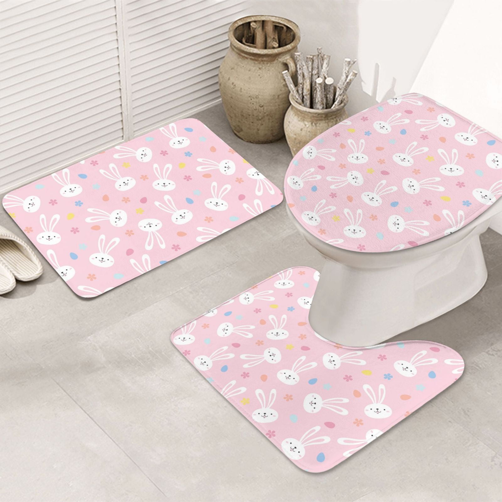 Bathroom Rugs Sets 3 Piece, Cartoon Cute Rabbit Pink Flower Bath Mats ...