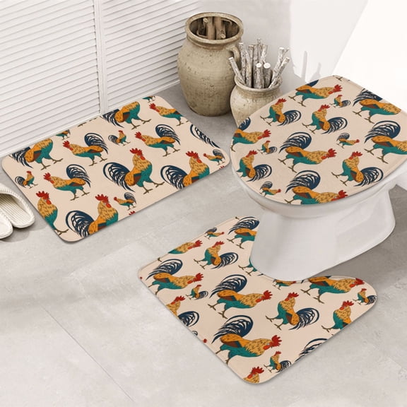 Bathroom Rugs Sets 3 Piece - Cartoon Cute Rooster Chicken Absorbent Non Slip Bath Mats, U-Shape Toilet Lid Cover, Contour Mat, Soft Washable Shower Mats Bath Rug Mat for Bathroom Tub Toilet
