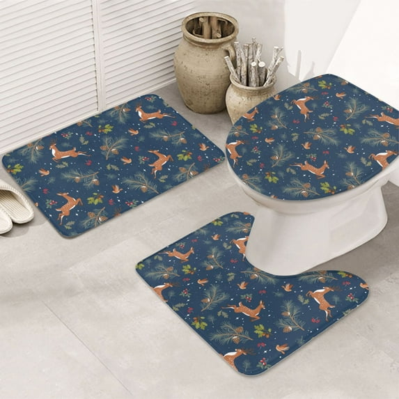 Bathroom Rugs Sets 3 Piece - Cartoon Deers Absorbent Non Slip Bath Mats, U-Shape Toilet Lid Cover, Contour Mat, Soft Washable Shower Mats Bath Rug Mat for Bathroom Tub Toilet