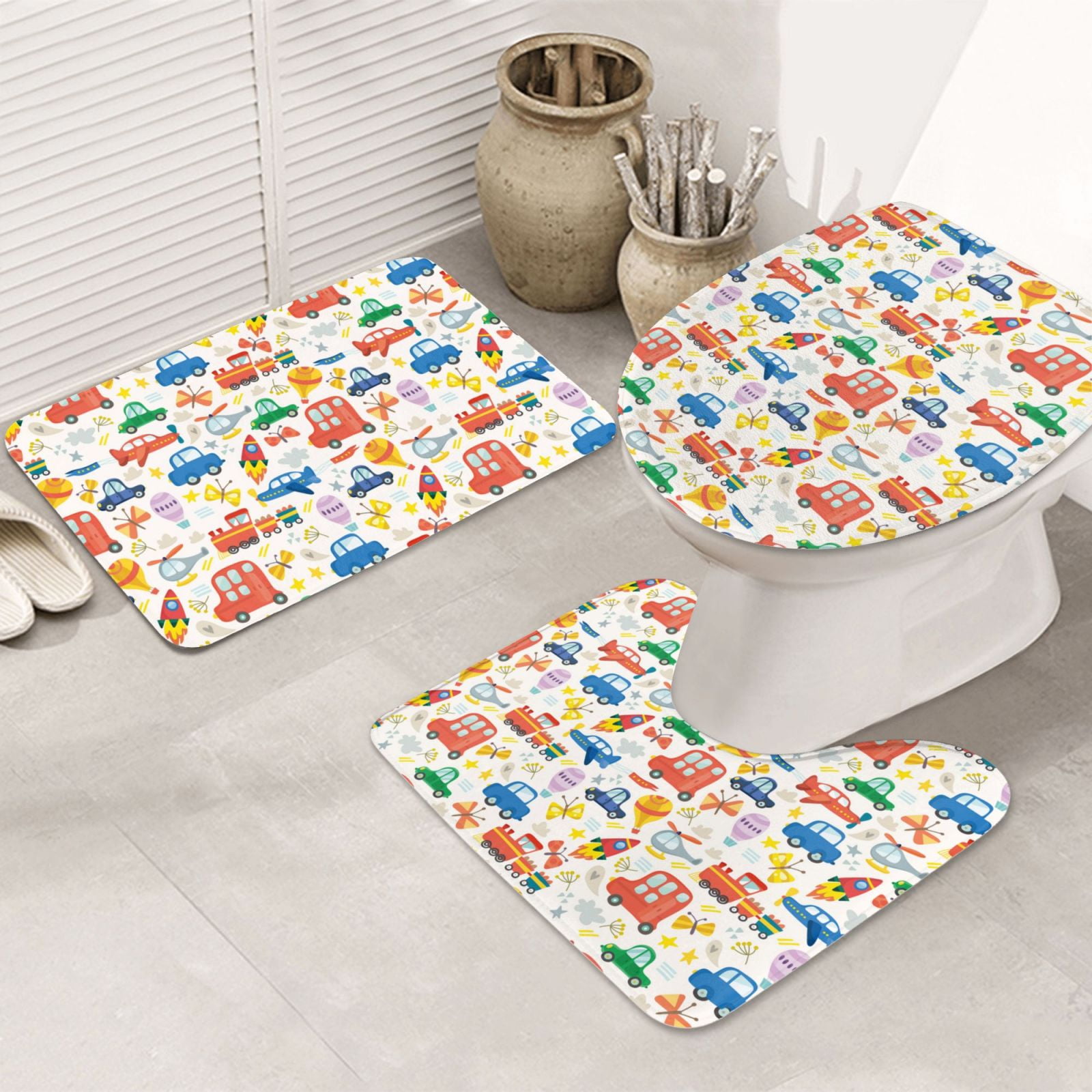 Bathroom Rugs Sets 3 Piece Cartoon Transportation Soft Non Slip Bathroom Mat, Absorbent Toilet ...