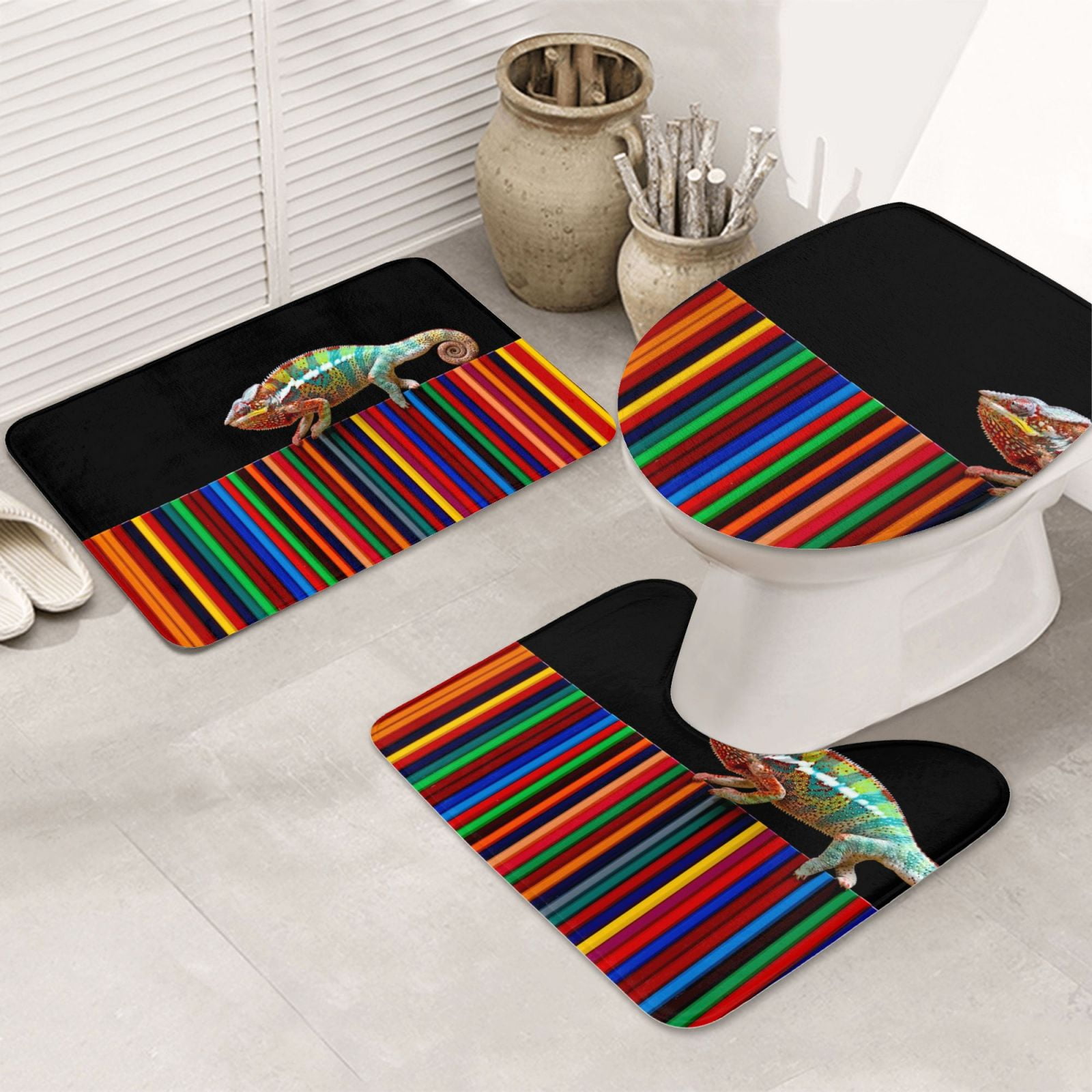 Bathroom Rugs Sets 3 Piece - Chameleon Panther On Colored Pencils Absorbent Non Slip Bath Mats, U-Shape Toilet Lid Cover, Contour Mat, Soft Washable Shower Mats Bath Rug Mat for Bathroom Tub Toilet
