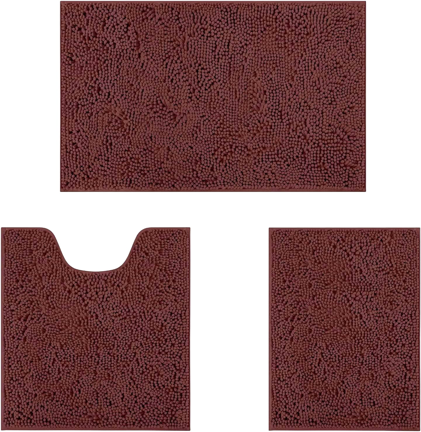 Bathroom Rugs Sets 3 Piece Chenille Bath Rug Non-Slip Bath Mats with Soft Plush PVC Backing Water Absorbent Carpet 1'' Quick Dry Microfiber Toilet Mat, Coffee