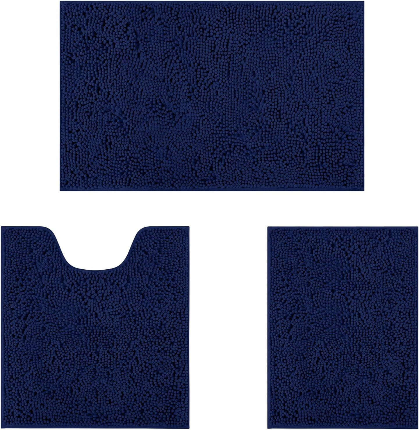 Bathroom Rugs Sets 3 Piece Chenille Bath Rug Non-Slip Bath Mats with Soft Plush PVC Backing Water Absorbent Carpet 1'' Quick Dry Microfiber Toilet Mat, Navy Blue