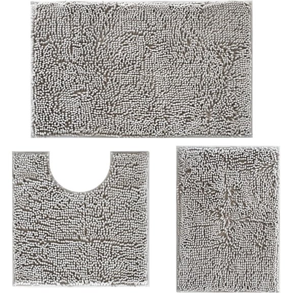Bathroom Rugs Sets 3 Piece, Chenille Bathroom Rugs,U-Shaped Contour Toilet Mat, Soft Absorbent Bathroom Mats with Non-Slip Backing, Machine Washable, Light Grey