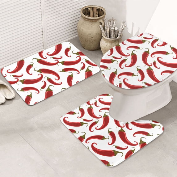 Bathroom Rugs Sets 3 Piece - Chili Pepper red Absorbent Non Slip Bath Mats, U-Shape Toilet Lid Cover, Contour Mat, Soft Washable Shower Mats Bath Rug Mat for Bathroom Tub Toilet