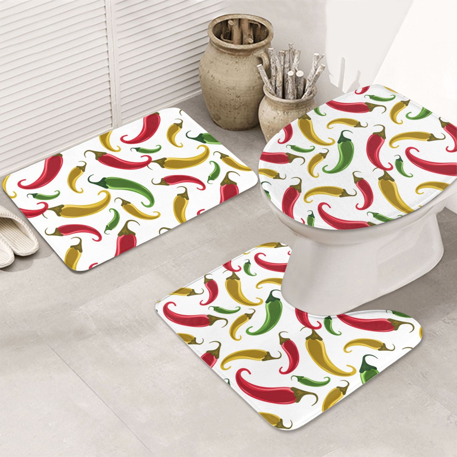 Bathroom Rugs Sets 3 Piece, Chili Pepper red green yellow Soft Bath