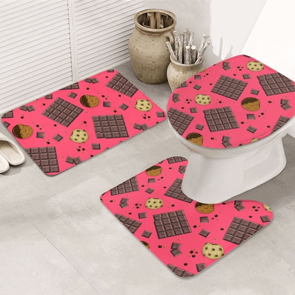 Bathroom Rugs Sets 3 Piece - Chocolate Biscuit Print Absorbent Non Slip Bath Mats, U-Shape Toilet Lid Cover, Contour Mat, Soft Washable Shower Mats Bath Rug Mat for Bathroom Tub Toilet