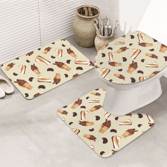 Bathroom Rugs Sets 3 Piece - Chocolate Cake Ice Cream Print Absorbent Non Slip Bath Mats, U-Shape Toilet Lid Cover, Contour Mat, Soft Washable Shower Mats Bath Rug Mat for Bathroom Tub Toilet