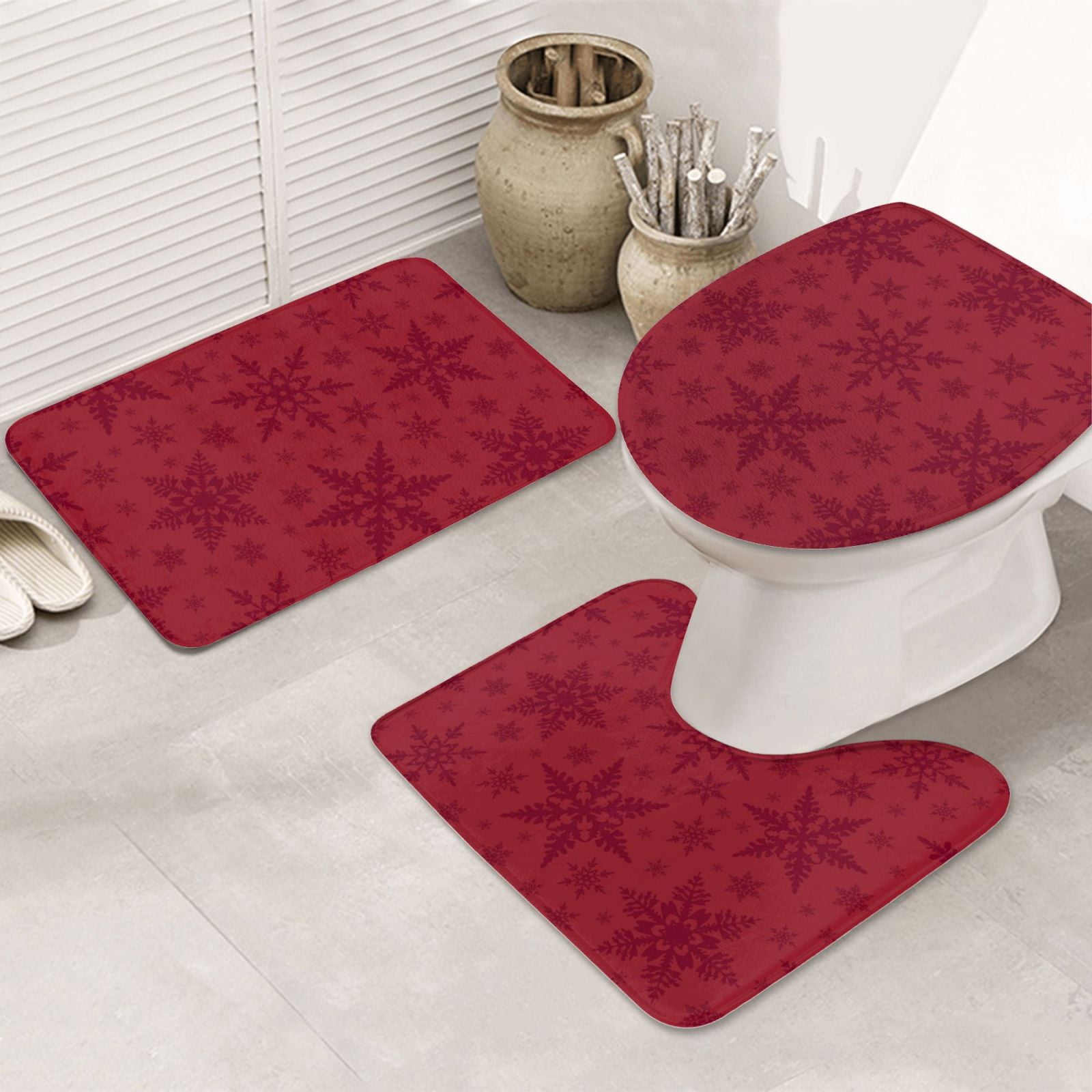 Bathroom Rugs Sets 3 Piece Christmas Red Snowflakes Soft Non Slip ...