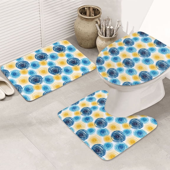Bathroom Rugs Sets 3 Piece - Circular print Absorbent Non Slip Bath Mats, U-Shape Toilet Lid Cover, Contour Mat, Soft Washable Shower Mats Bath Rug Mat for Bathroom Tub Toilet