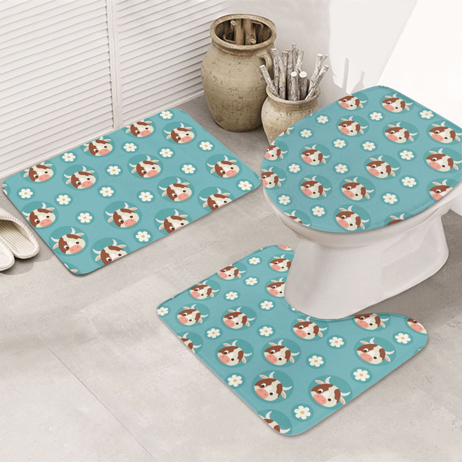 Bathroom Rugs Sets 3 Piece, Classic Cartoon Cute Cow Daisy Bathroom Rug ...