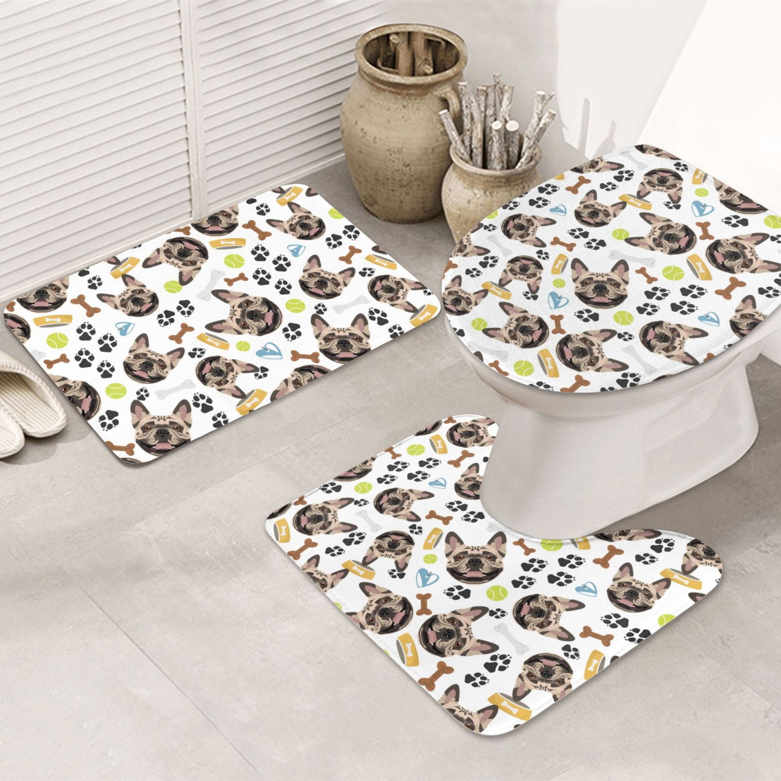 Bathroom Rugs Sets 3 Piece Classic Cute French Bulldog Absorbent Bathroom Mat Rugs Non Slip