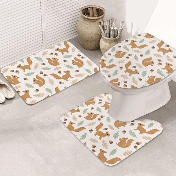 Bathroom Rugs Sets 3 Piece - Clean Cute Cartoon Squirrel Absorbent Non Slip Bath Mats, U-Shape Toilet Lid Cover, Contour Mat, Soft Washable Shower Mats Bath Rug Mat for Bathroom Tub Toilet