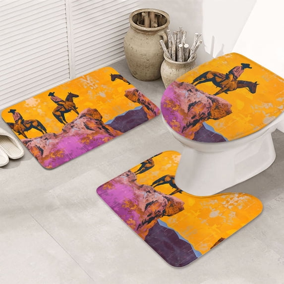 Bathroom Rugs Sets 3 Piece - Cliff Western Cowboy Absorbent Non Slip Bath Mats, U-Shape Toilet Lid Cover, Contour Mat, Soft Washable Shower Mats Bath Rug Mat for Bathroom Tub Toilet