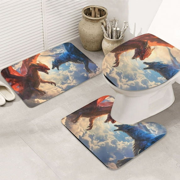 Bathroom Rugs Sets 3 Piece - Cloud Red and Blue Dragon Absorbent Non Slip Bath Mats, U-Shape Toilet Lid Cover, Contour Mat, Soft Washable Shower Mats Bath Rug Mat for Bathroom Tub Toilet
