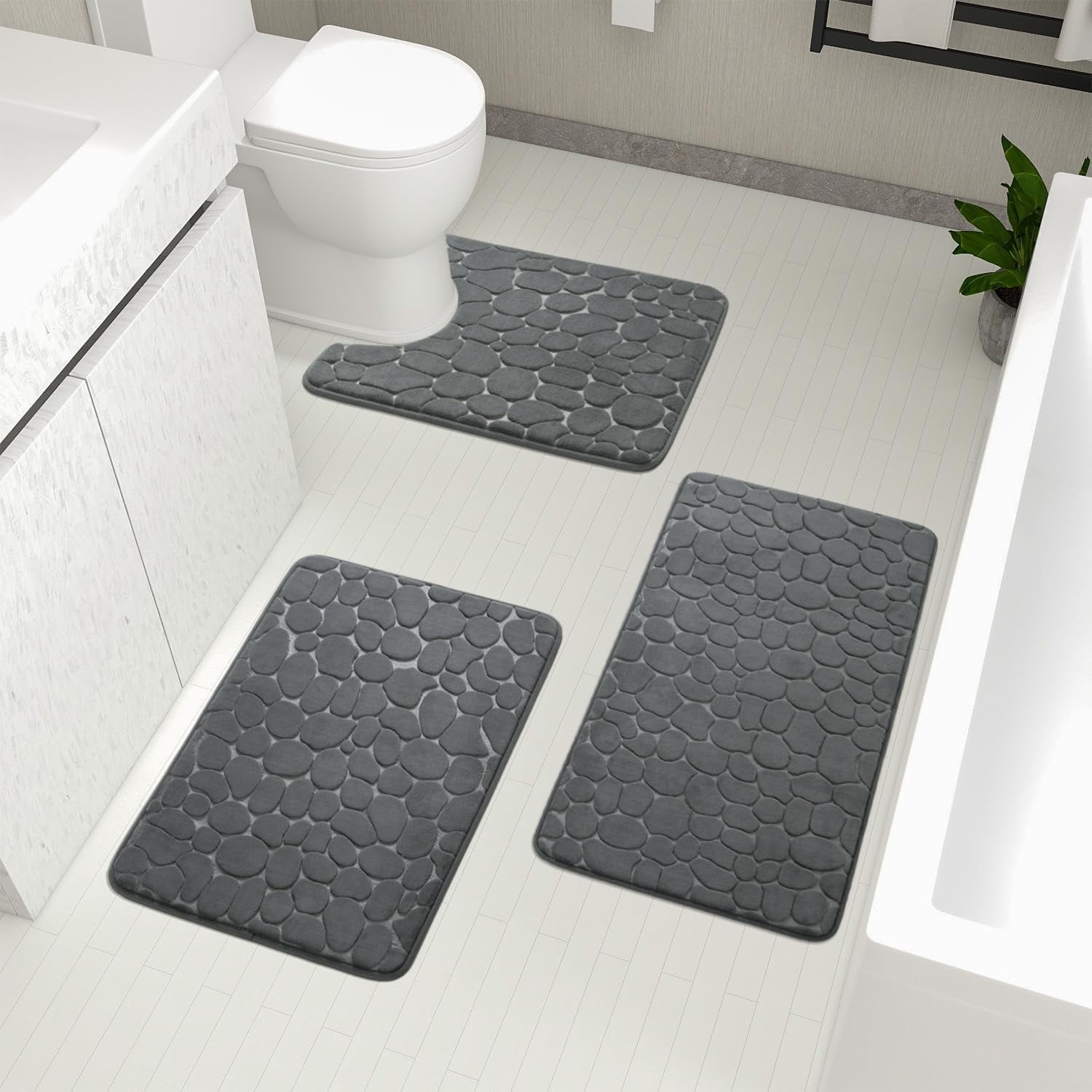 Bathroom Rugs Sets 3 Piece, Cobblestone Memory Foam Bathroom Mats Set