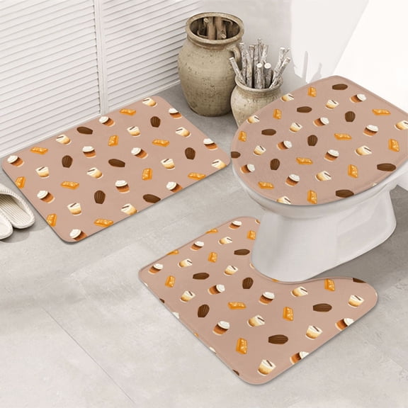 Bathroom Rugs Sets 3 Piece - Coffee Biscuit Chocolate Print Absorbent Non Slip Bath Mats, U-Shape Toilet Lid Cover, Contour Mat, Soft Washable Shower Mats Bath Rug Mat for Bathroom Tub Toilet