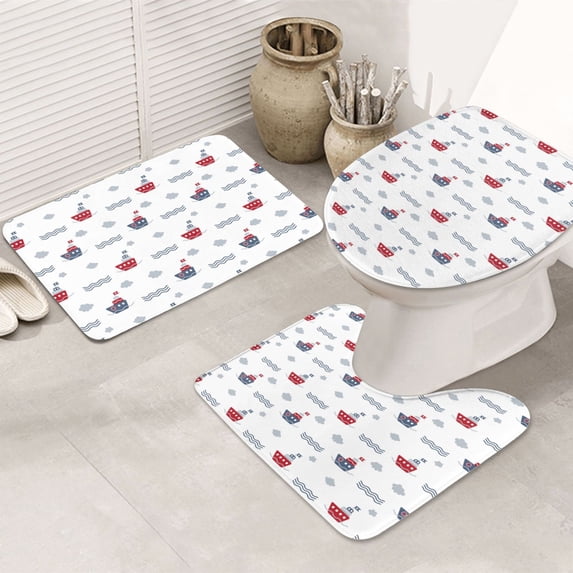 Bathroom Rugs Sets 3 Piece - Colored Sail Boats Absorbent Non Slip Bath Mats, U-Shape Toilet Lid Cover, Contour Mat, Soft Washable Shower Mats Bath Rug Mat for Bathroom Tub Toilet
