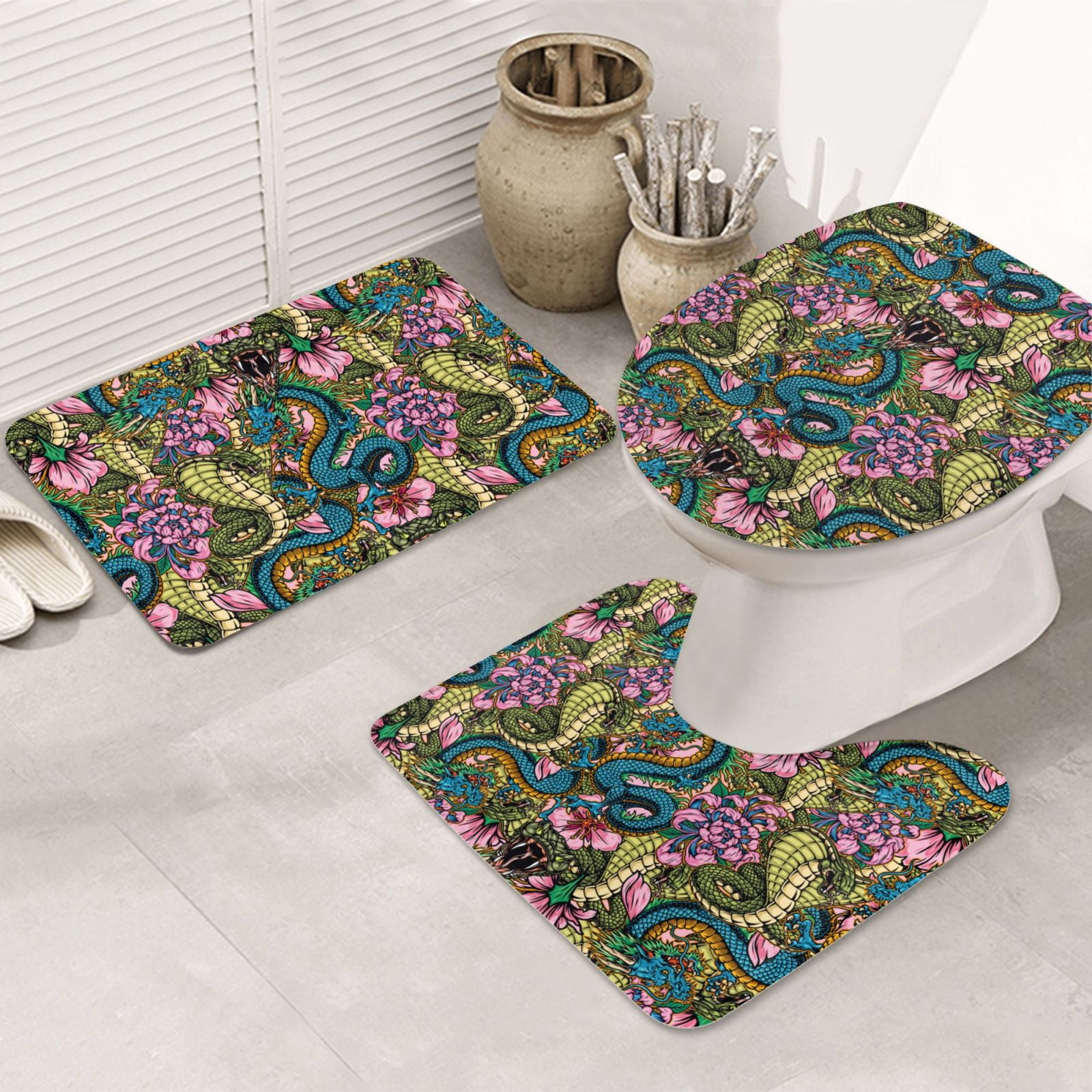 Bathroom Rugs Sets 3 Piece, Colorful Cobra Dragon Flower Soft Bath Mats