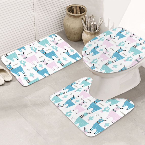 Bathroom Rugs Sets 3 Piece - Colorful Cute Alpaca Cactus Absorbent Non Slip Bath Mats, U-Shape Toilet Lid Cover, Contour Mat, Soft Washable Shower Mats Bath Rug Mat for Bathroom Tub Toilet