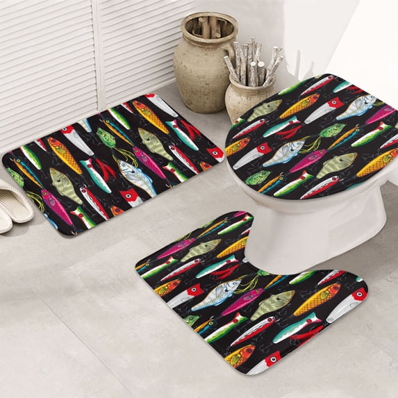 Bathroom Rugs Sets 3 Piece - Colorful Fishing Lures Absorbent Non Slip Bath Mats, U-Shape Toilet Lid Cover, Contour Mat, Soft Washable Shower Mats Bath Rug Mat for Bathroom Tub Toilet