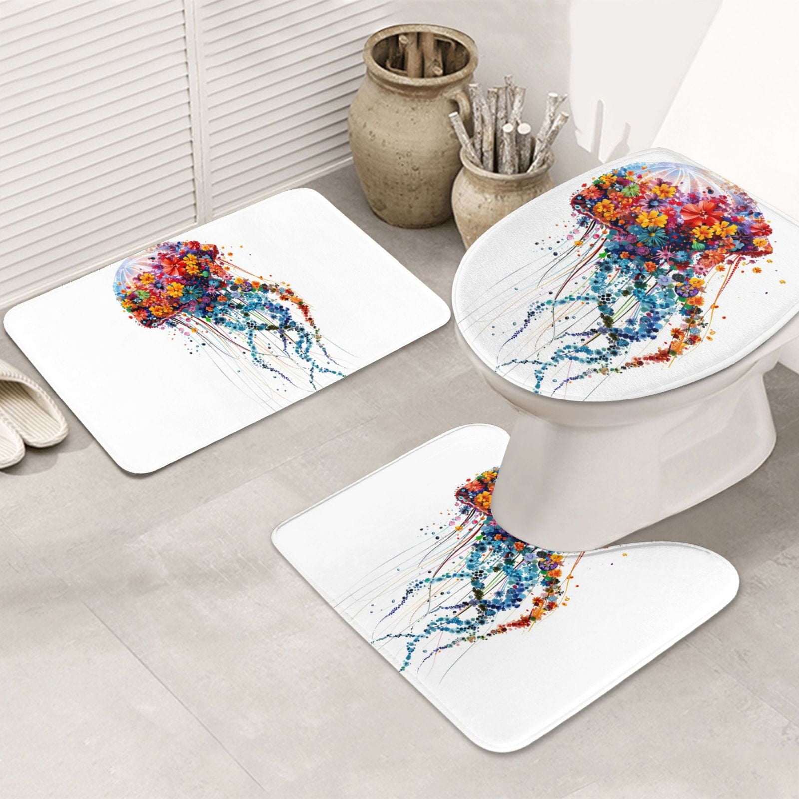 Bathroom Rugs Sets 3 Piece Colorful Floral Jellyfish Soft Non Slip Bathroom Mat, Absorbent ...