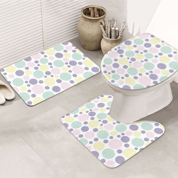 Bathroom Rugs Sets 3 Piece - Colorful Spotty circular Absorbent Non Slip Bath Mats, U-Shape Toilet Lid Cover, Contour Mat, Soft Washable Shower Mats Bath Rug Mat for Bathroom Tub Toilet