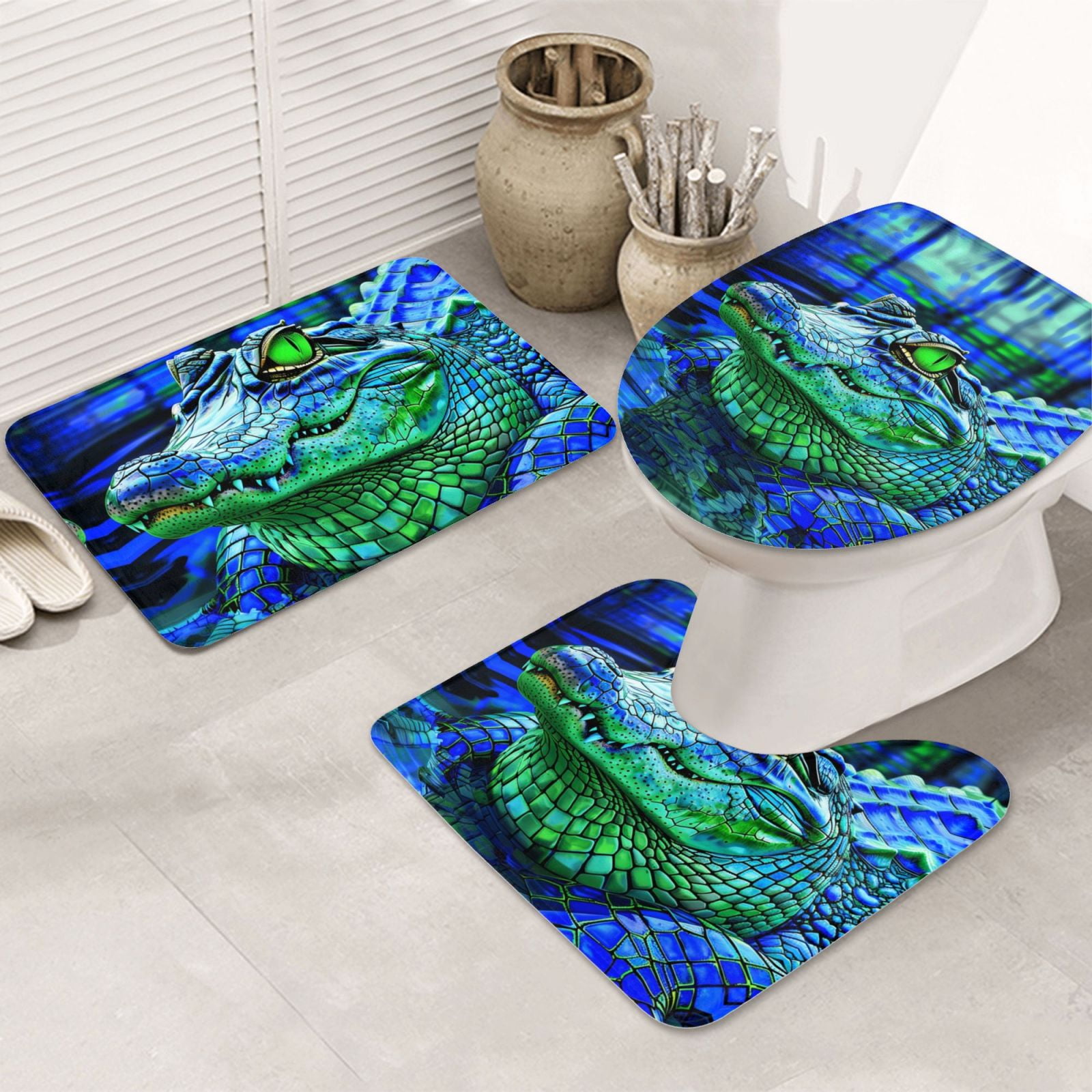 Bathroom Rugs Sets 3 Piece, Colorful Stained Glass Crocodile Cute Bath