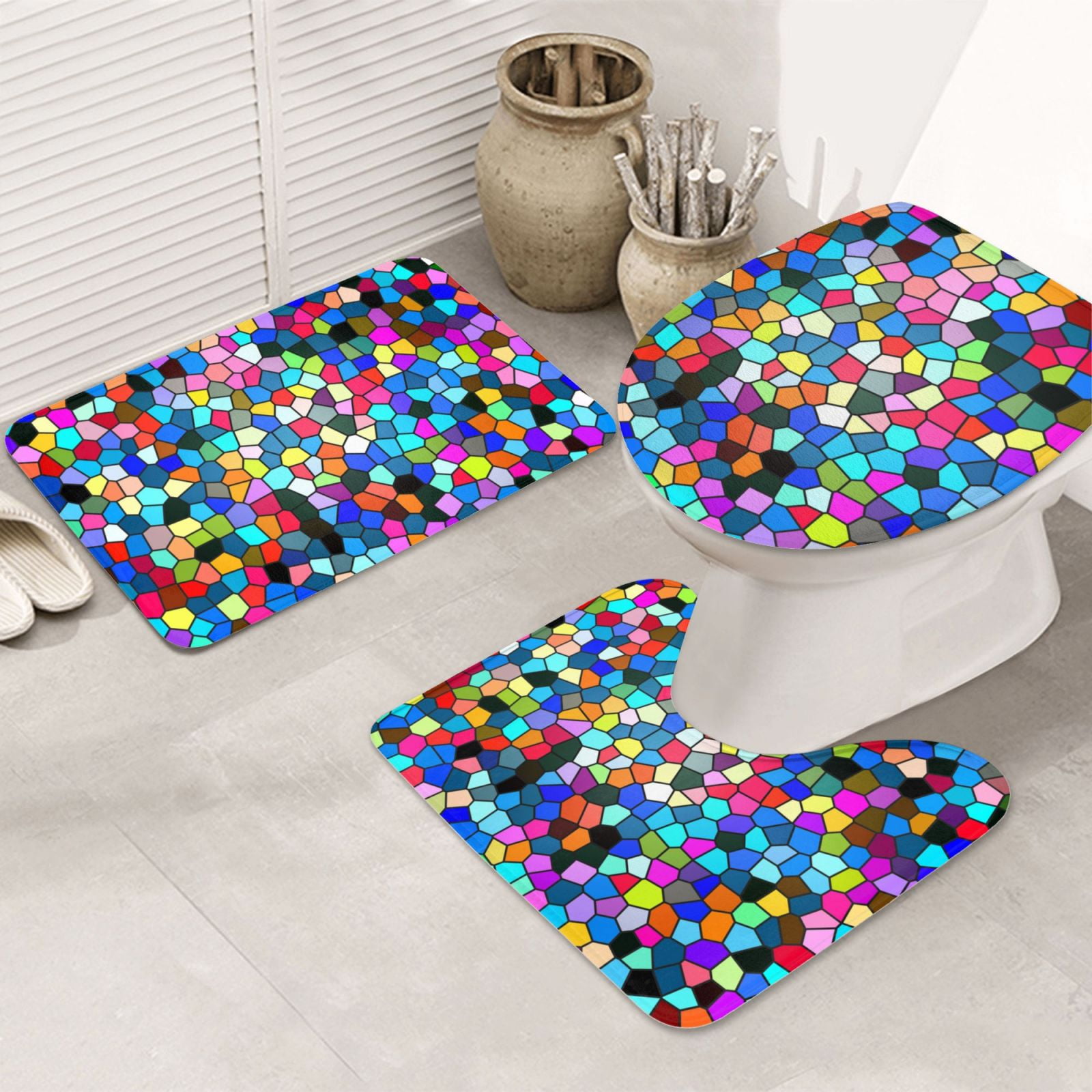Bathroom Rugs Sets 3 Piece Colorful Tie Dye Stained Glass k Absorbent