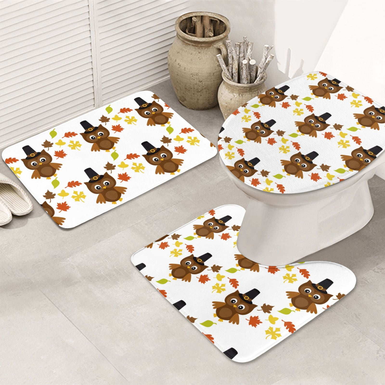 Bathroom Rugs Sets 3 Piece Colorful maple leaf owl Non Slip Washable