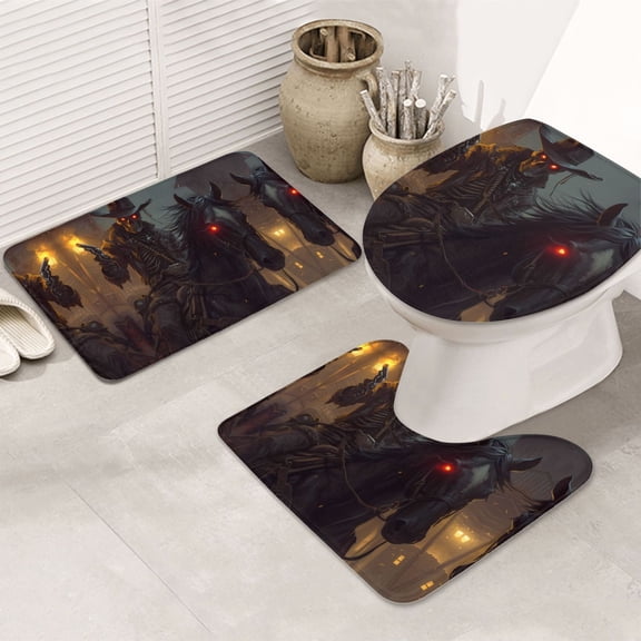 Bathroom Rugs Sets 3 Piece - Cool Skull Western Cowboy Absorbent Non Slip Bath Mats, U-Shape Toilet Lid Cover, Contour Mat, Soft Washable Shower Mats Bath Rug Mat for Bathroom Tub Toilet