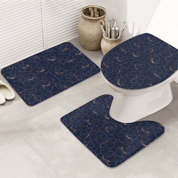 Bathroom Rugs Sets 3 Piece - Copper-Gold Gloss Outline Lily Flower Absorbent Non Slip Bath Mats, U-Shape Toilet Lid Cover, Contour Mat, Soft Washable Shower Mats Bath Rug Mat for Bathroom Tub Toilet