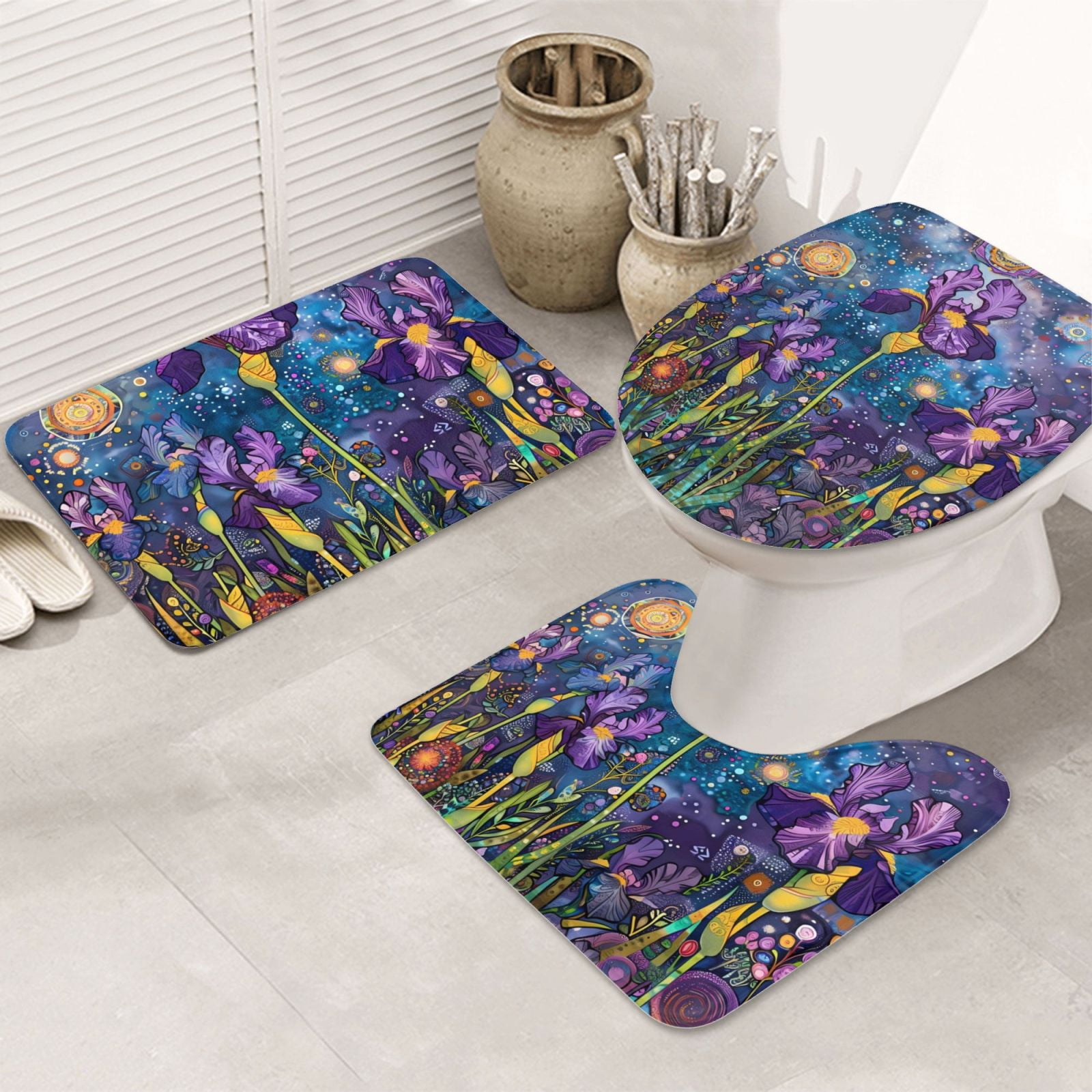 Bathroom Rugs Sets 3 Piece - Cosmic Purple Irises Absorbent Non Slip Bath Mats, U-Shape Toilet Lid Cover, Contour Mat, Soft Washable Shower Mats Bath Rug Mat for Bathroom Tub Toilet