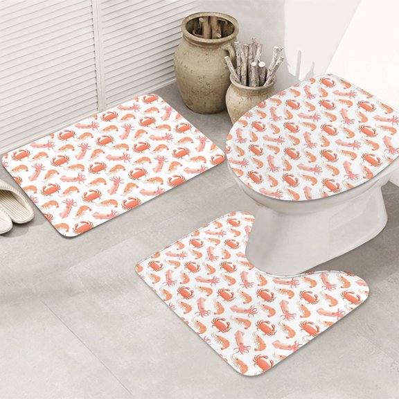 Bathroom Rugs Sets 3 Piece - Crab Squid Shrimp Absorbent Non Slip Bath Mats, U-Shape Toilet Lid Cover, Contour Mat, Soft Washable Shower Mats Bath Rug Mat for Bathroom Tub Toilet