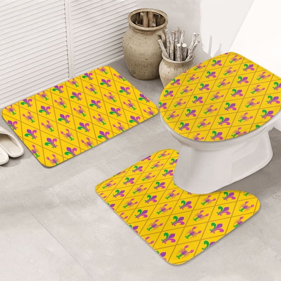 Bathroom Rugs Sets 3 Piece - Crayfish Fleur de lis Absorbent Non Slip Bath Mats, U-Shape Toilet Lid Cover, Contour Mat, Soft Washable Shower Mats Bath Rug Mat for Bathroom Tub Toilet