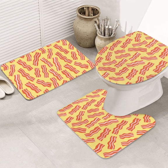 Bathroom Rugs Sets 3 Piece - Cute Bacon Print Yellow Absorbent Non Slip Bath Mats, U-Shape Toilet Lid Cover, Contour Mat, Soft Washable Shower Mats Bath Rug Mat for Bathroom Tub Toilet
