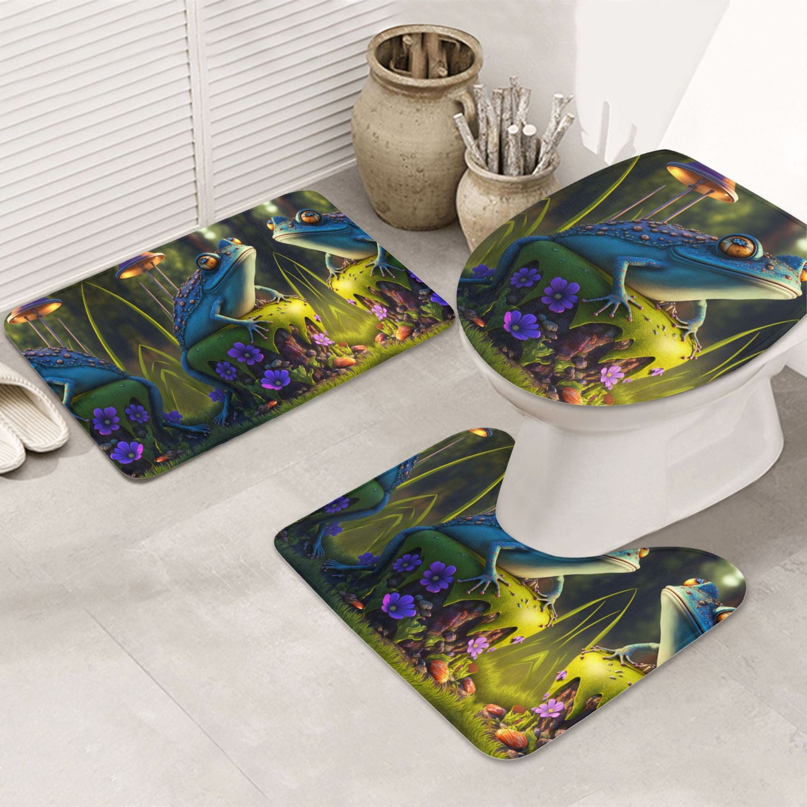 Bathroom Rugs Sets 3 Piece Cute Blue Frog Non Slip Washable Bath Mats