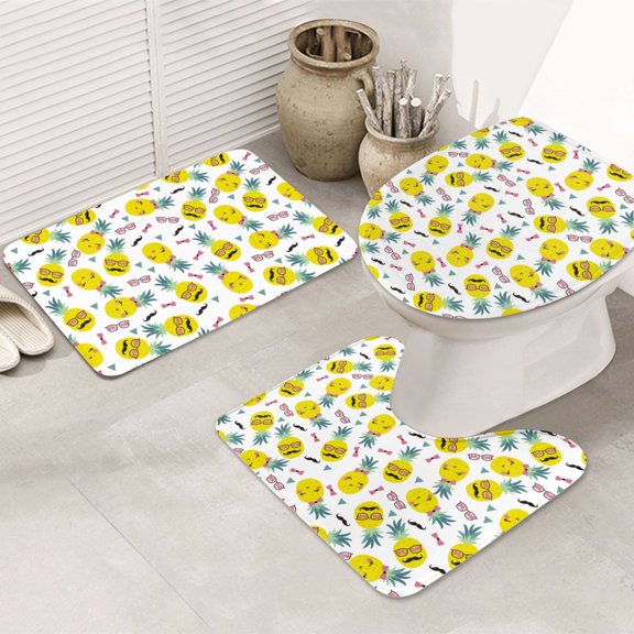 Bathroom Rugs Sets 3 Piece - Cute Bow Tie Pineapple Absorbent Non Slip Bath Mats, U-Shape Toilet Lid Cover, Contour Mat, Soft Washable Shower Mats Bath Rug Mat for Bathroom Tub Toilet