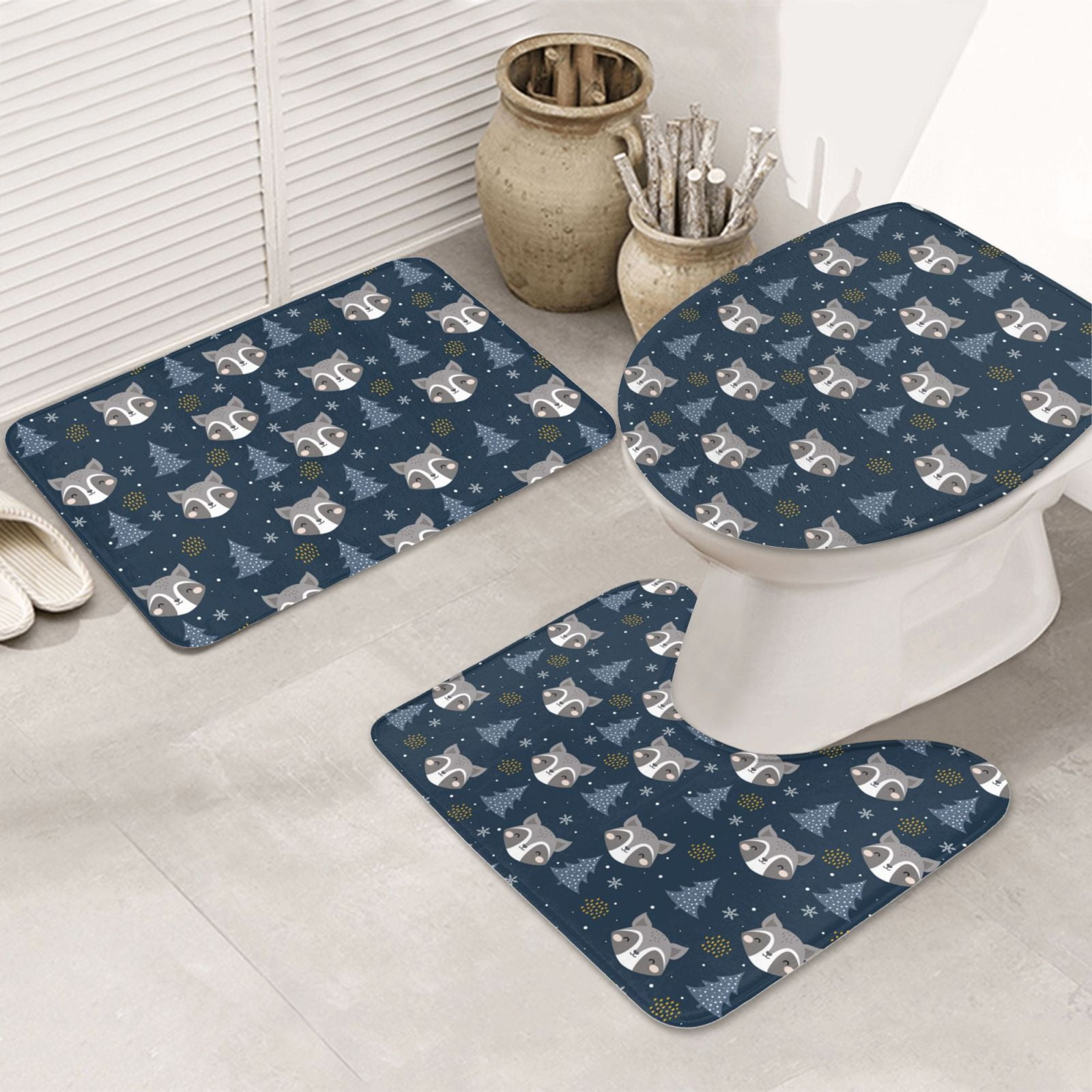 Bathroom Rugs Sets 3 Piece, Cute Christmas Tree Raccoon Cute Bath Mats