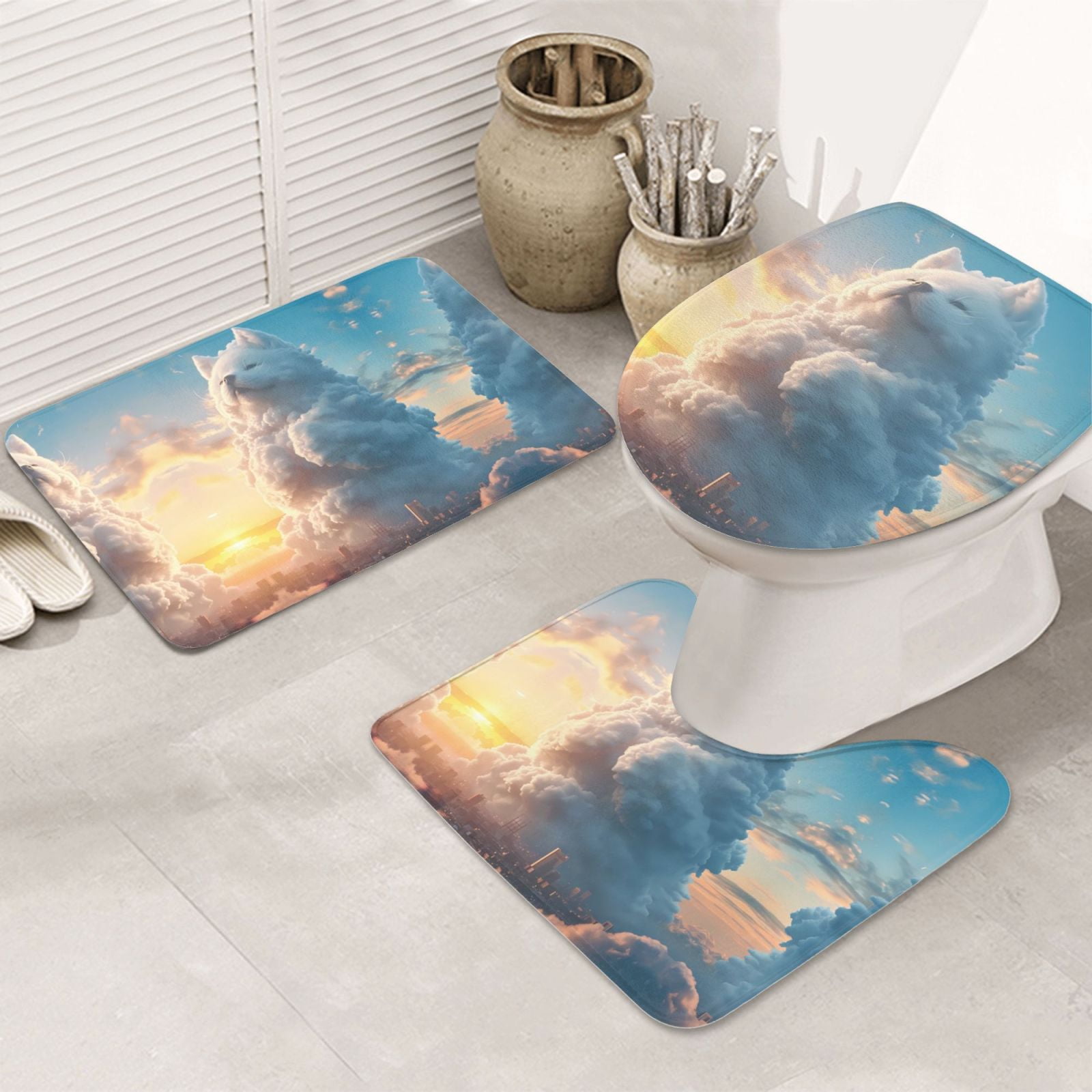 Bathroom Rugs Sets 3 Piece, Cute Cloud Cat Soft Bath Mats for Bathroom