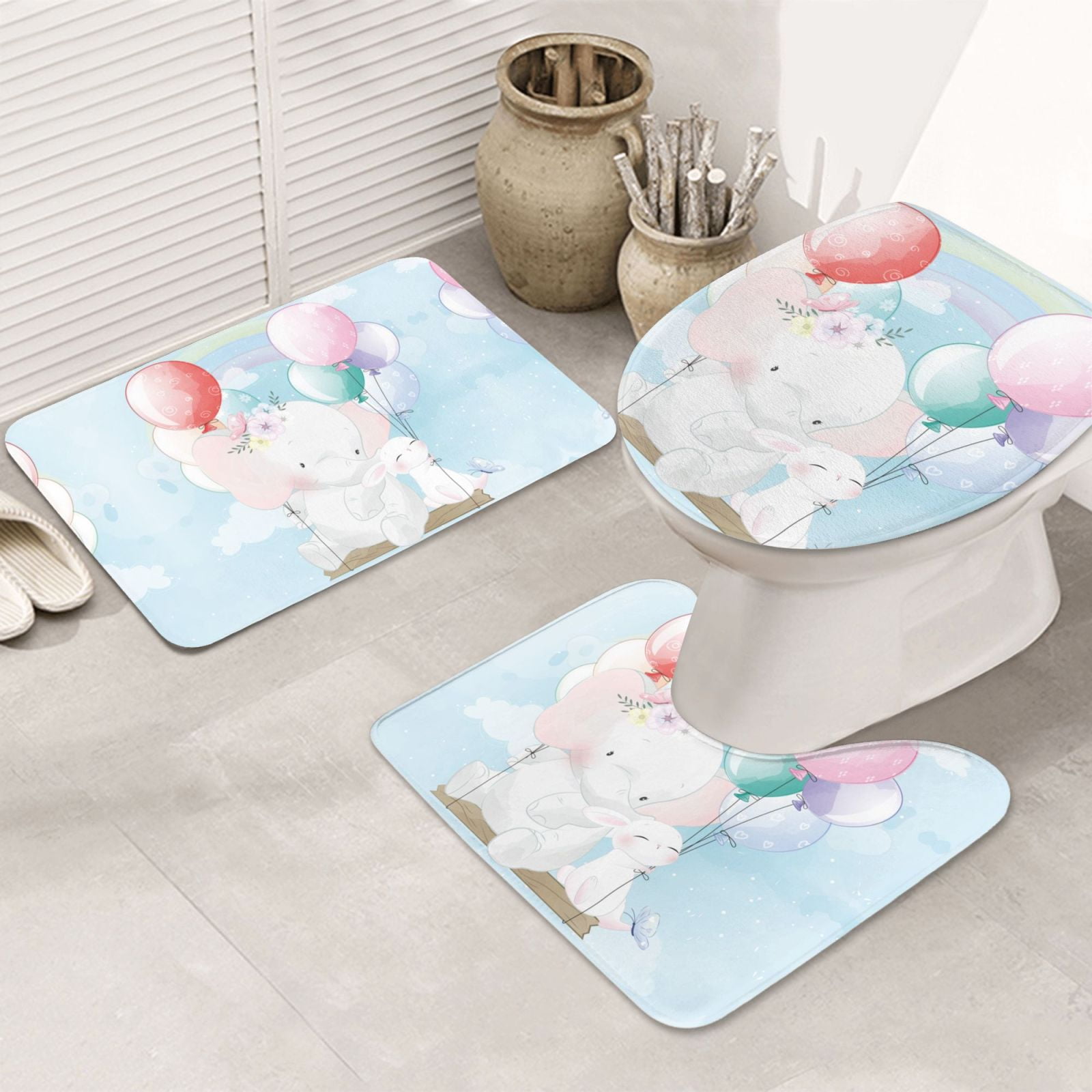 Bathroom Rugs Sets 3 Piece Cute Elephant Bunny Flying With Balloon Soft ...