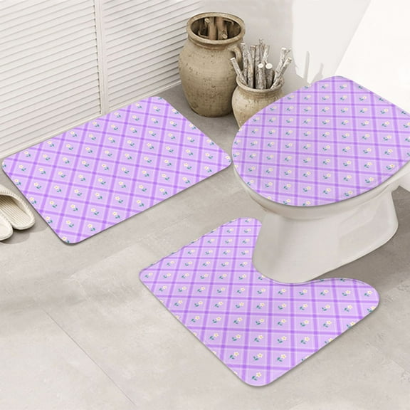 Bathroom Rugs Sets 3 Piece - Cute Frangipani Lilac Checkered Absorbent Non Slip Bath Mats, U-Shape Toilet Lid Cover, Contour Mat, Soft Washable Shower Mats Bath Rug Mat for Bathroom Tub Toilet