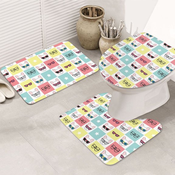 Bathroom Rugs Sets 3 Piece - Cute French Bulldog A Absorbent Non Slip Bath Mats, U-Shape Toilet Lid Cover, Contour Mat, Soft Washable Shower Mats Bath Rug Mat for Bathroom Tub Toilet