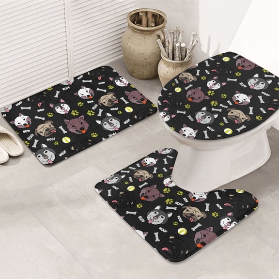Bathroom Rugs Sets 3 Piece - Cute Husky French Bulldog Funny Absorbent Non Slip Bath Mats, U-Shape Toilet Lid Cover, Contour Mat, Soft Washable Shower Mats Bath Rug Mat for Bathroom Tub Toilet