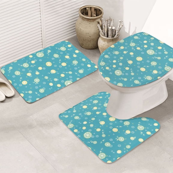 Bathroom Rugs Sets 3 Piece - Cute Ice Limes Absorbent Non Slip Bath Mats, U-Shape Toilet Lid Cover, Contour Mat, Soft Washable Shower Mats Bath Rug Mat for Bathroom Tub Toilet