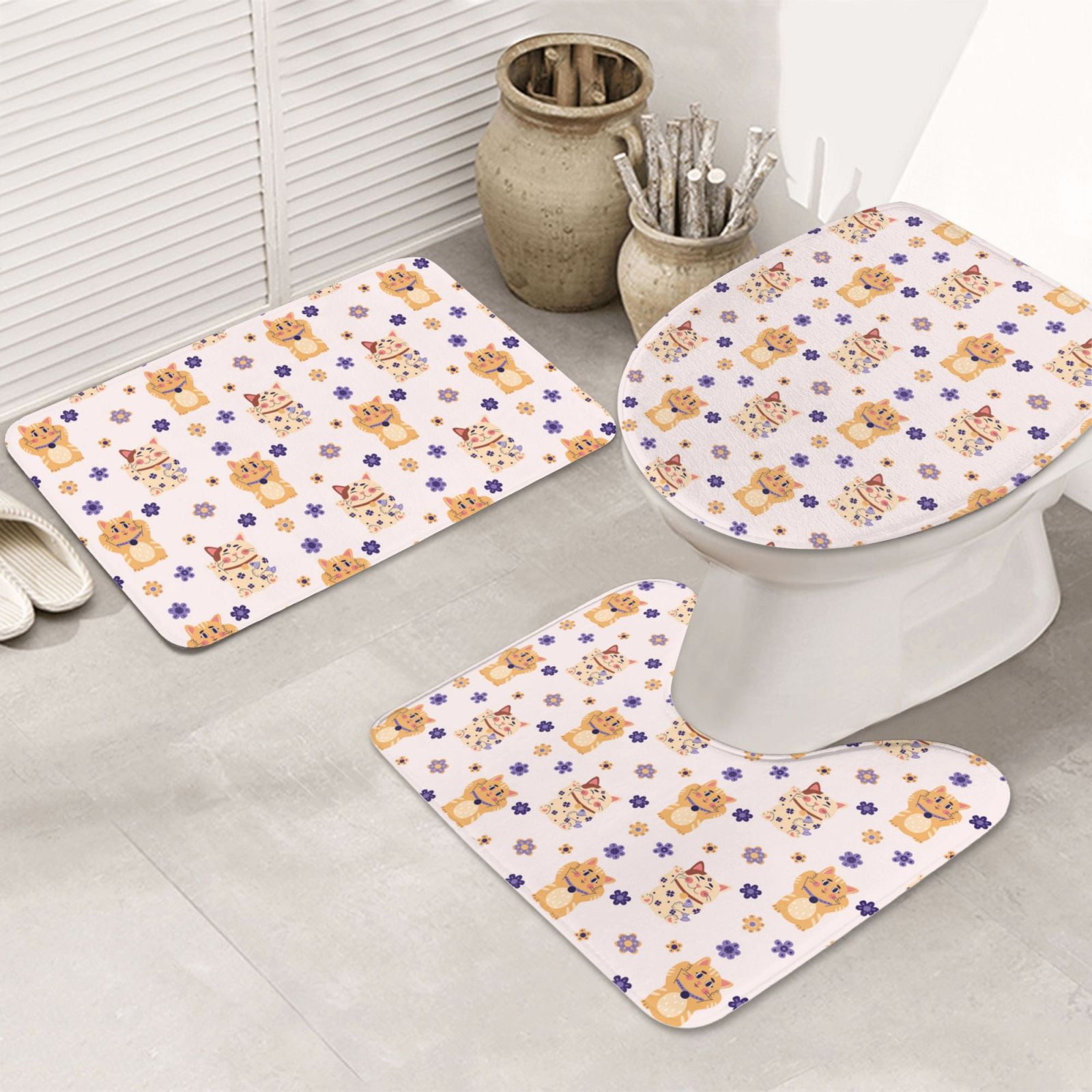 Bathroom Rugs Sets 3 Piece Cute Lucky Cat Flowers Non Slip Washable