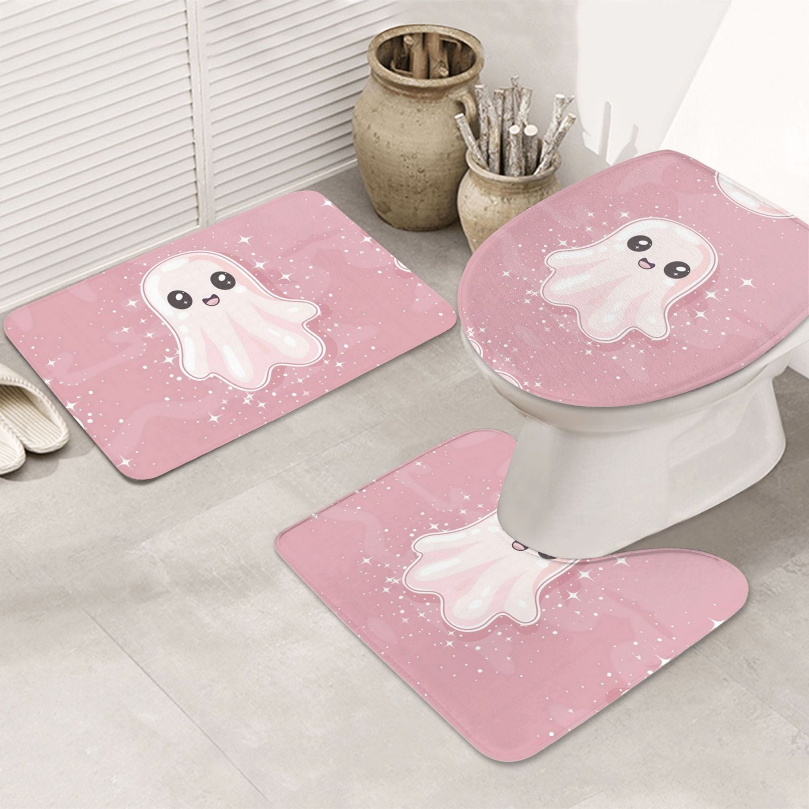 Bathroom Rugs Sets 3 Piece Cute Pink Halloween Ghost A Absorbent