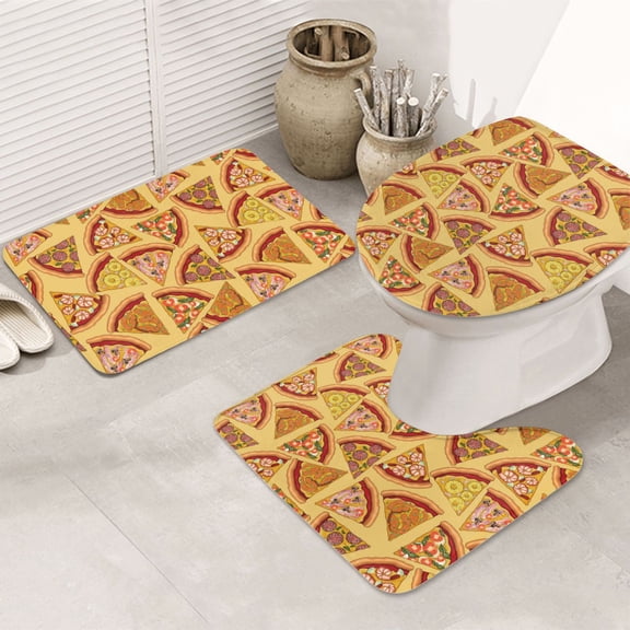 Bathroom Rugs Sets 3 Piece - Cute Pizza Pineapple Shrimp Absorbent Non Slip Bath Mats, U-Shape Toilet Lid Cover, Contour Mat, Soft Washable Shower Mats Bath Rug Mat for Bathroom Tub Toilet